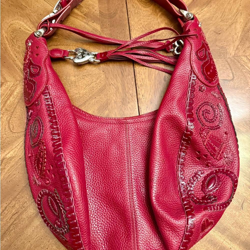 Brighton Ivanka Hobo Red Pebbled Leather Women's Purse With Paisley Accents - Picture 2 of 13